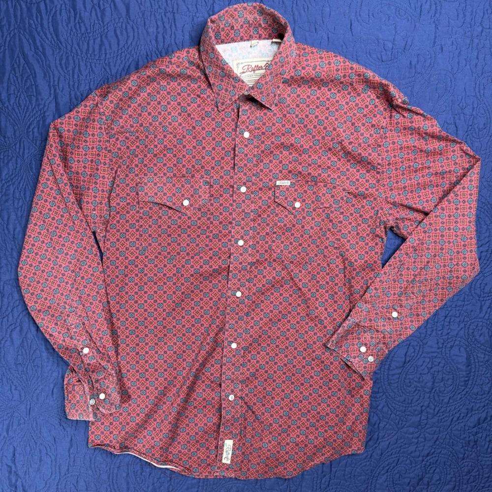 Rafter C Cowboy Collection Mens‎ Red Geometric Pearl Snap Western Shirt Large